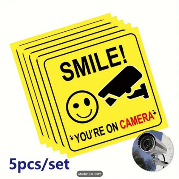 5pcs Smile Polite Video Surveillance Safety Signs, camera, for home or business