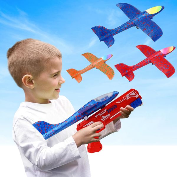 SO&MOTOYS Airplane Toy Airplane Launcher Toys, LED Light& EVA Foam Glider Catapult Plane Toy for Boys,Outdoor Flying Toys Birthday Gifts for Boys and Girls 6-12 Years Old