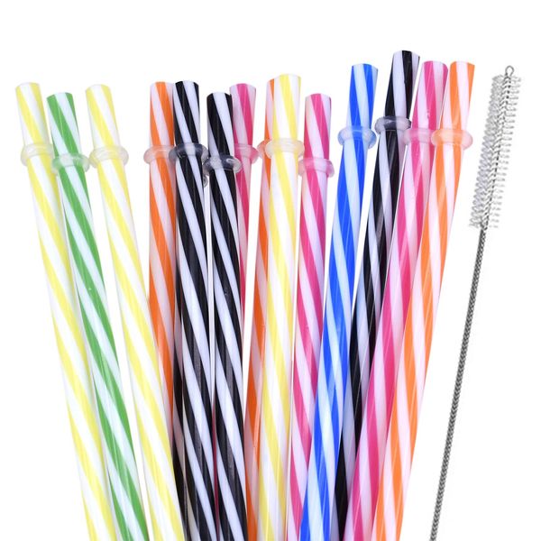 15 PCS Plastic Reusable Straws Mason Jar Straws Thick Plastic Drinking Straws Striped Plastic Hard Straws BPA Free Long Straws with 1 PCS Cleaning Brush for Yeti Tumbler Cocktails Drinking