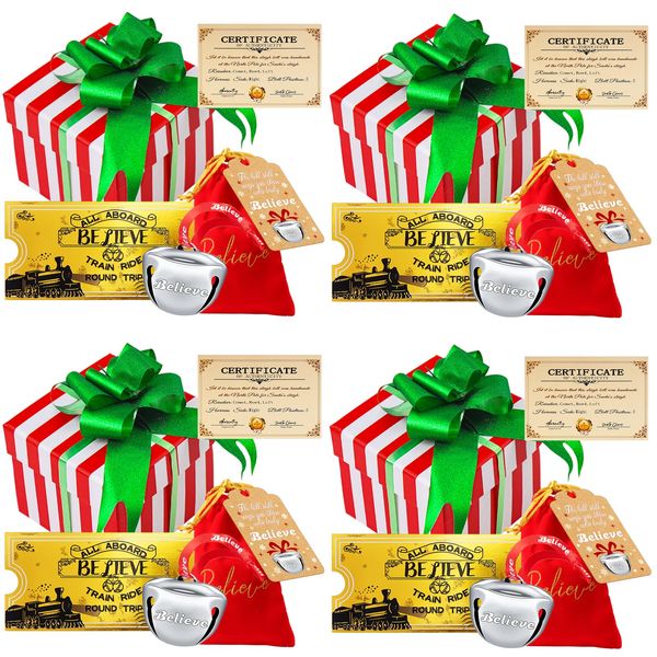 4 Sets Christmas Polar Express 2Inch Believe Bells Santa Sleigh Bell Gifts Bulk Christmas Ornament Train Ticket with Tags Red Velvet Bag Christmas Movie Party Favors for Xmas Party Tree Decorations