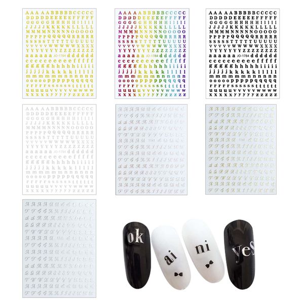 Alphabet Stickers 7 Pcs Set Nail Art Stickers Small Script Alphabet Stickers Alphabet Letters Block & Cursive 2 Types Gold Silver Glitter DIY Nail Art Decoration Rainbow Laser Gradient