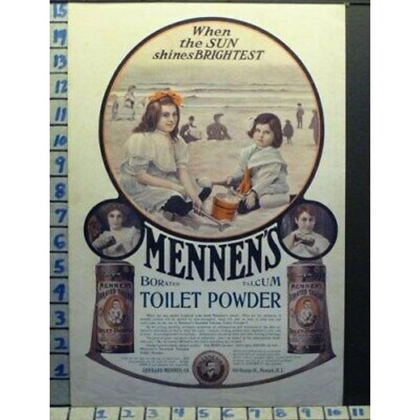 1905 MENNENS TALCUM POWDER BEACH CHILD HEALTH BEAUTY VINTAGE ART AD  O26