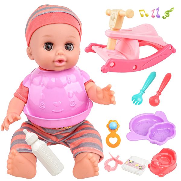 Toy Choi's Baby Doll playset, Dolls Set with Rocking Horse Toys, 14'' Dolls with Accessories Includes Feeding Set, Pretend Play Toddler Toys for 2 3 4 5+ Years Old Girls Kids