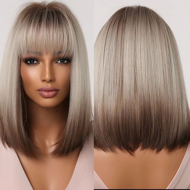 OMOGE HAIR LTD Ombre Blonde Brown Short Straight Bob Wigs For Women With Brown Roots Natural Short Shoulder Length Synthetic Wig With Bangs 14 Inch Wig