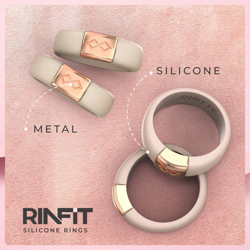 Rinfit Silicone Rings for Women - Silicone Wedding Bands Women - Infinity Ring with Metal Plate - Rubber Rings - Patented Design - Nude & Rose Gold - Size 7