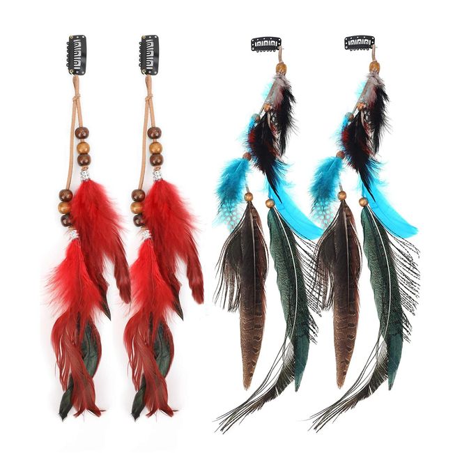 MWOOT 4 Stück Boho Federn Haarschmuck, Hippie Kopfschmuck mit Pfauenfedern, Clip-In Feder Haarspange für Damen Piraten Halloween Kostüm, Indianer Federschmuck Haarclips, Rot Feder Haarextensions