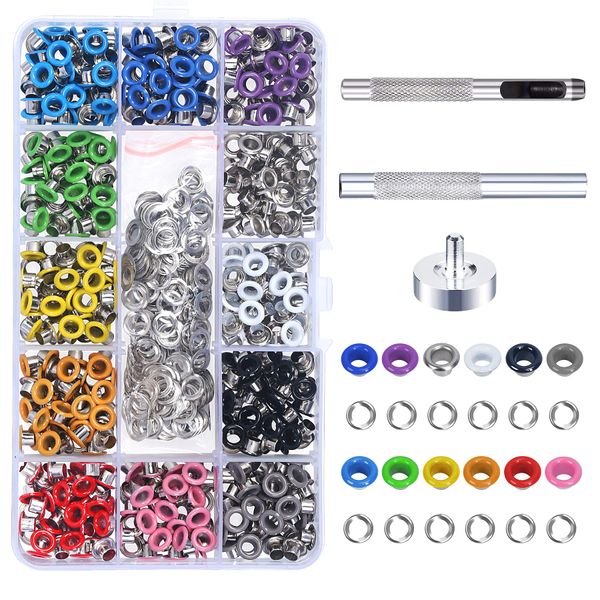 DKINY 300pcs Metal Eyelets Grommets Kit with Hole Punch and Setting Tools Eyelet Punch Kit for Fabric Leather Clothing Shoes Craft Making 12 Colors