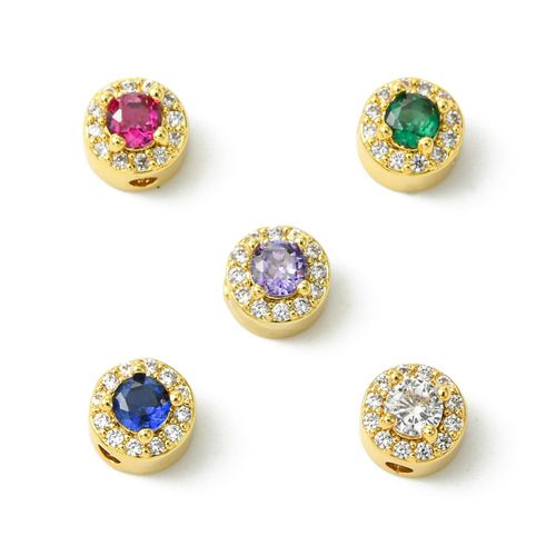 KitBeads 10Pcs 5 Colors Flat Round Cubic Zirconia Beads Brass Gold Plated Elegant Birthstone Bead for Jewelry Making Earrings Bracelets Crafts Bulk