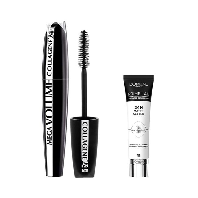 L'Oréal Paris Mega Volume Collagene 24H Siyah Maskara & Prime Lab Matte Setter Matlaştırıcı Salisilik Asit Içeren Primer – Makyaj Bazı 10ml Makyaj Seti