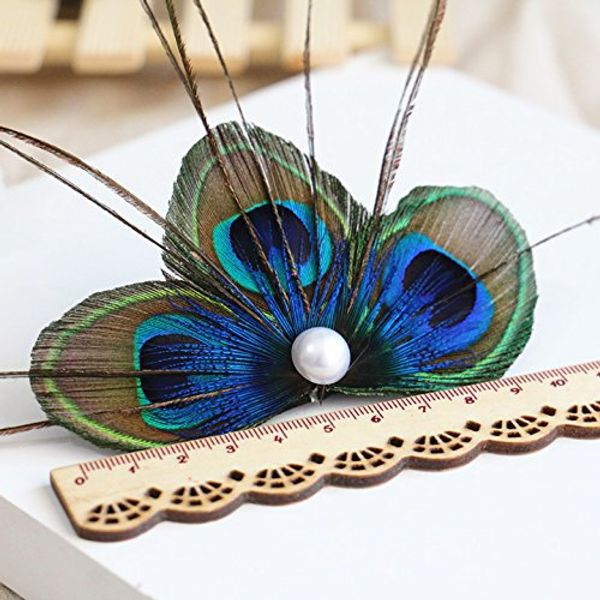 RUNHENG Handmade Feather Peacock Hair clip, Natural Feather Fascinator Barrette with White Pearl