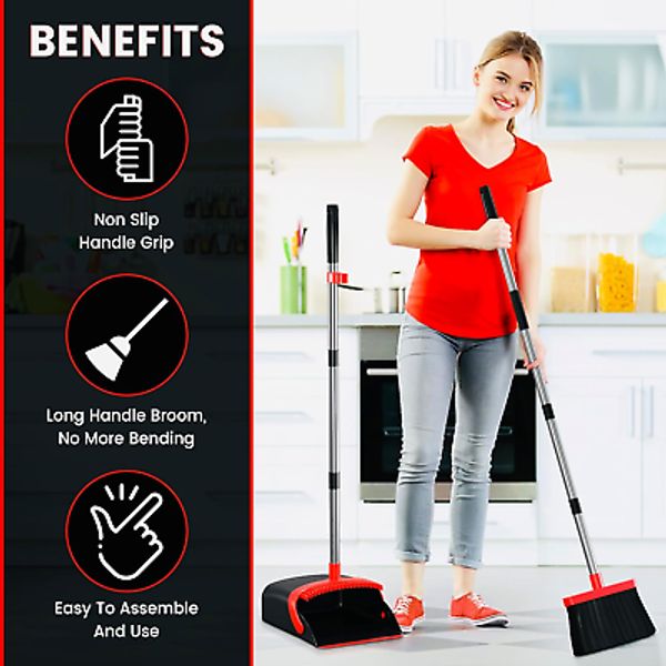 Long Handle Broom and Dustpan Set for Home, Indoor&Outdoor Floor Sweeping, St...