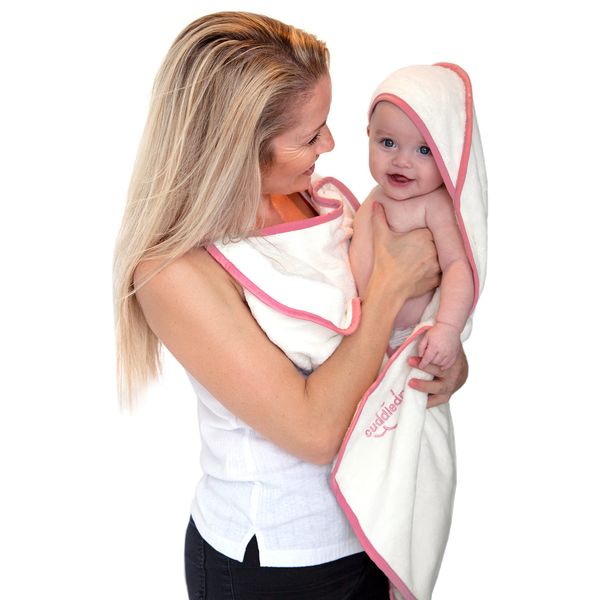 Cuddledry Hands Free Baby Bath Towel | Luxuriously Soft Bamboo & Cotton Hooded Baby Towel | Apron Towel for Safe Babies Bathtime | Perfect Newborn Gift | Pink Edging