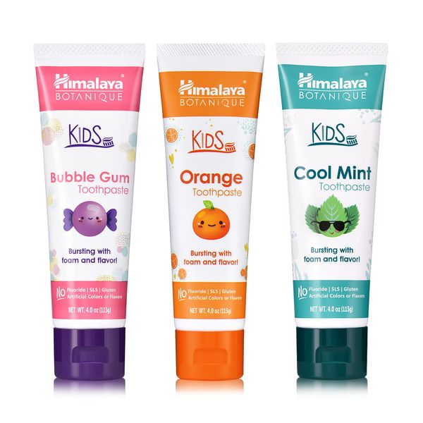 Himalaya Botanique Kids Toothpaste Variety Pack, Bubble Gum, Orange & Cool Mint Flavors to Reduce Plaque and Keep Kids Brushing Longer, 4 oz, 3 Pack