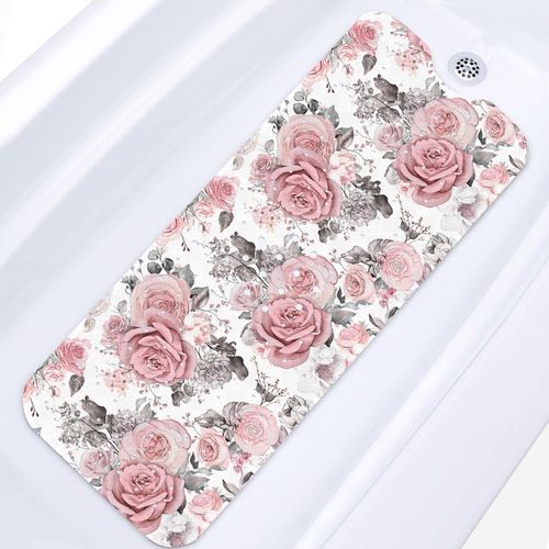 Britown Pink Flower Leaves Bath Mat Non Slip, Floral Rose Spring 40 X 16 Inch Extra Long Bathtub Shower Mat for Tub Anti Slip with Suction Cups and Drain Holes for Kids Adults Elderly