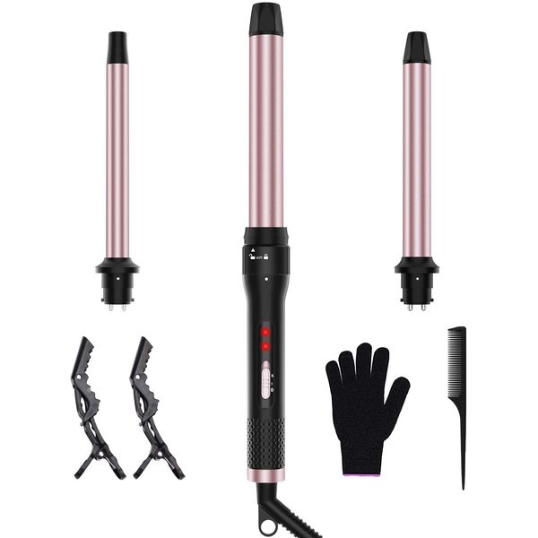 3 in 1 Curling Iron, Curling Wand Set with 3 Interchangable Ceramic Beach Waves Wands(0.75"-1.25"), Dual Voltage 30s Fast Heating with Heat Resistant Glove & 2 Clip for Long/Short All Hairstyle