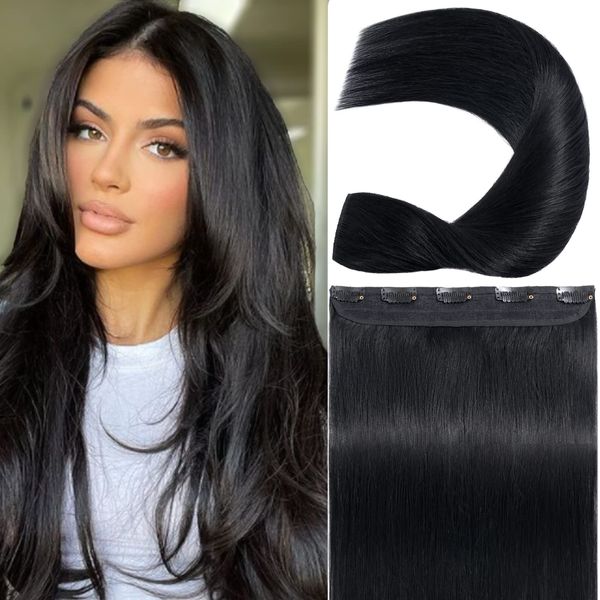 S-noilite One Piece Clip in Hair Extensions Real Human Hair One Piece/5 Clips 3/4 Full Head One Piece Human Hair Extensions Clip ins One Weft Hair Straight 12 Inch/40g (#01 Jet Black)