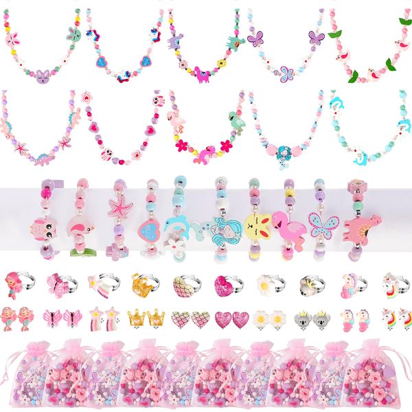 Little Girls Jewelry Sets Kids Play Jewelry for Girls Toys Play Necklaces Bracelets Rings for Girls 3-5 4-6 Costume Dress Up Jewelry Girls Birthday Party Favors Gifts Only Suitable for Ages 3 and Up