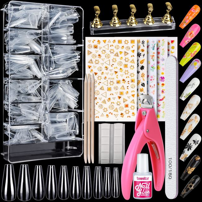 Clear Coffin Nail Tips Set, Teenitor Long Coffin Nail Tip Full Cover Clear Press On Nails, 600pcs Ballerina Nails Fake Nails With Glue, Acrylic Nail Clipper, Nail Stickers, Nail Stand for Diy False Nails