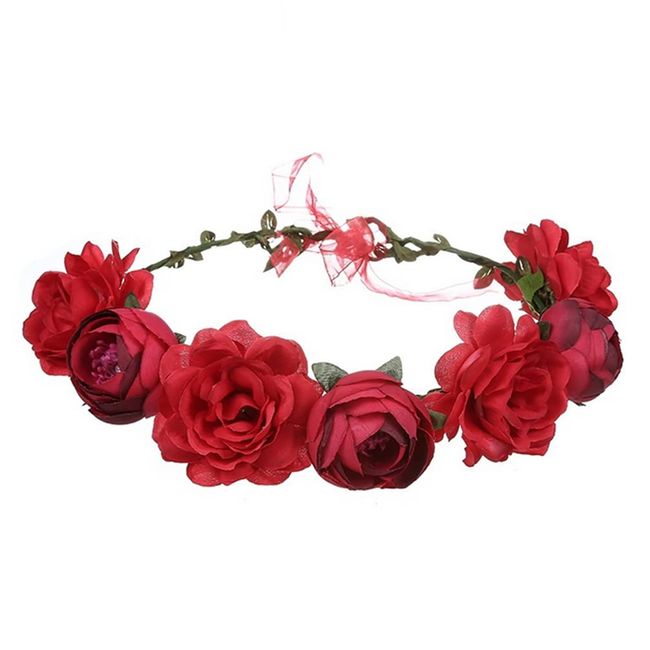 Flower Crown,Floral Garland Headbands Boho Rose Head Band Women Lady Girl Hairband for Hat Ornament Party Festival Beach Travle Bridal Wedding Hair Accessories Red