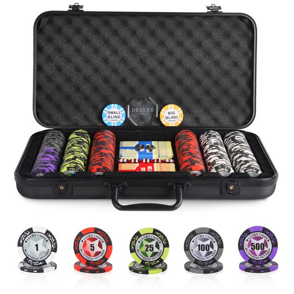 ORIENGEAR Poker Chip Set with Denominations, 300 PCS 14 Gram Clay Composite Casino Chips with ABS Case & 2 Decks of Plastic Cards, for Texas Holdem Blackjack Gambling Games