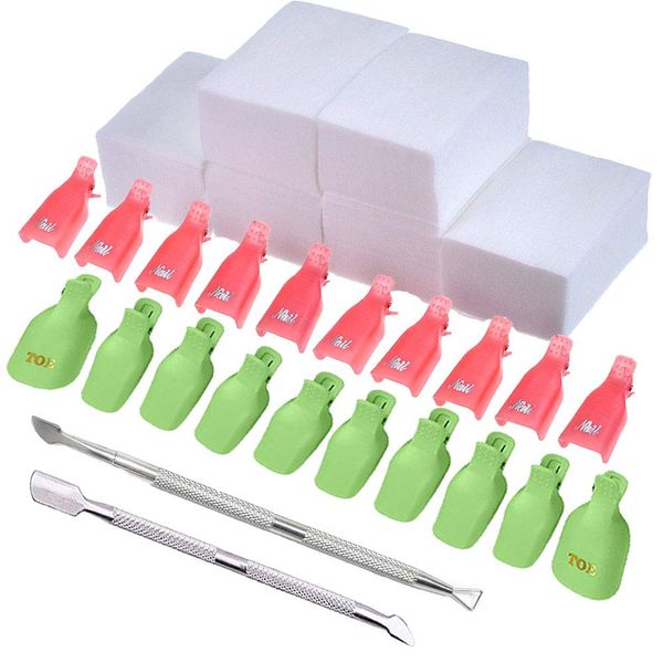 Uhat Plastic Finger Toe Nail Soak Off Cap Clips Nail Wipe Cotton Pads Double End Cuticle Pusher Scraper Gel Nail Polish Remover Tools Set (Nail Soak Off Clips Set, Green Pink)