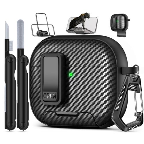 Compatible with AirPods 4th Case with Phone Stand,（with Lock Clip） Carbon Fiber Design Protection Cover for Airpods 4 with Active Noise Cancellation Charging (2024) Whit Cleaning Pen - Balck