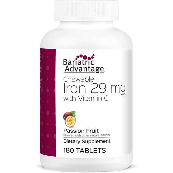 Bariatric Advantage Chewable Iron 29 mg - for Bariatric Surgery Patients - Iron with Vitamin C - No Iron Taste - Ferrous Fumarate & Carbonyl Iron Supplement - Passion Fruit - 180 Count