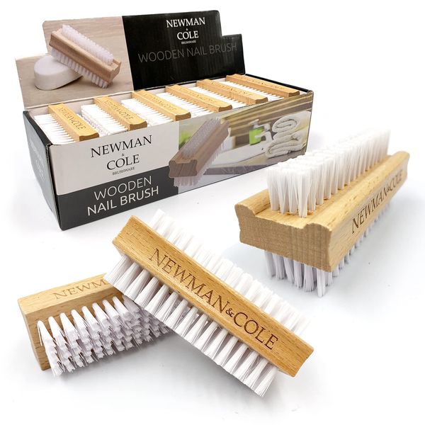 Wooden Nail Brush, Double-Sided Nail Scrubbing Brush with Firm Plastic Bristles (Set of 3)