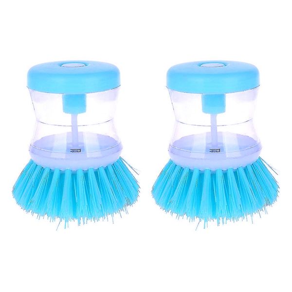 Soap Dispensing Dish Brush - Pack of 2 - Round Kitchen Brush for Dishes Pot Pan Sink Cleaning Scrubbing Washing Up - with Finger Press Washing Liquid Dispenser - Blue Colour | by POUNDXPENCE Co®