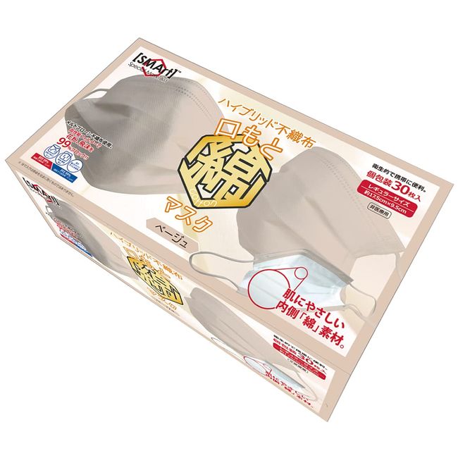 Advanced SMArt SMN-02 Hybrid Non-woven Mask, Cotton Mouth Mask, 99% BFE, 99% PFE, Beige, Regular Size, Approx. H 3.7 x W 6.9 inches (9.5 x 17.5 cm), Pack of 30