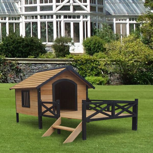 NEW Outdoor Large Wooden Cabin House Style Wooden Pet Dog Kennel With Porch