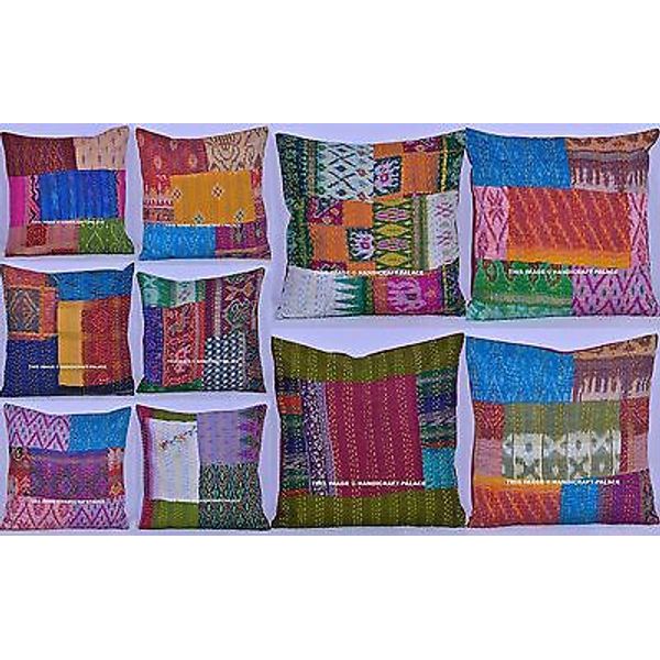 10 PC Wholesale Lot Silk Kantha Cushion Cover India Home Decor Pillow Case Sham