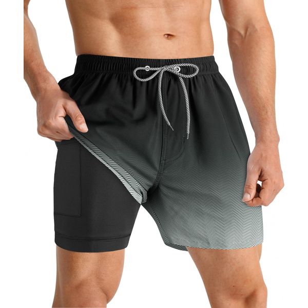 APTRO Herren Badehose Badeshorts Schwimmhose Board Shorts Kurz Schnelltrocknend 2 in 1 Strand Shorts mit InnenhoseSchwarz MK173 L