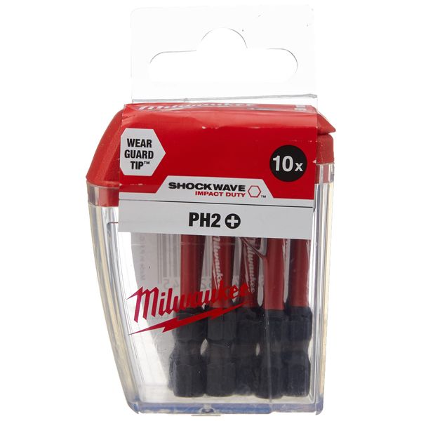 Milwaukee Shockwave PH2 50mm Screwdriver Bits Pack of 10, 4932472048, Red