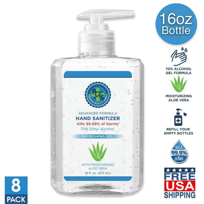 Hand Sanitizer Gel 16 OZ (8 Pcs)- 70% Alcohol w/ Pump - Aloe - 1 Gallon Total