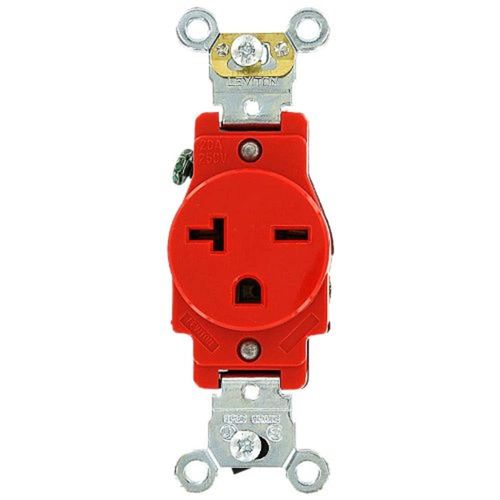 Leviton 20 Amp, 250 Volt, Industrial Heavy Duty Grade, Single Receptacle, Straight Blade, Self Grounding, 5461-R, Red
