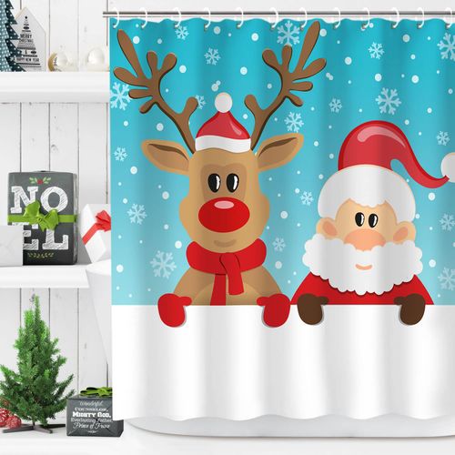 LIVILAN Christmas Shower Curtain, Santa Claus and Reindeer Pattern Shower Curtain Set with 12 Hooks, Xmas Decorative Cute Cartoon Fabric Bathroom Curtain, 72W X 72H Inches