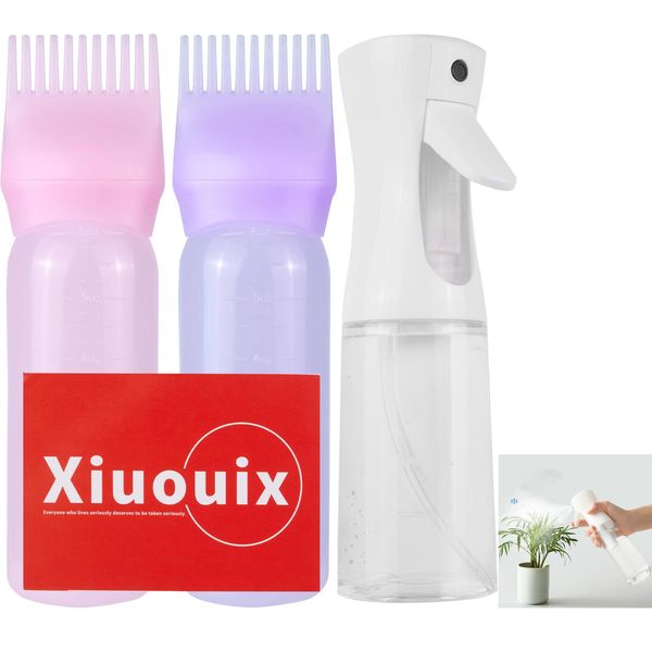 Xiuouix Root Comb Applicator Bottle Brush,2Pcs with Graduated Hair Oiling Applicator Bottle Comb and 1Pcs Continuous Spray Bottles for Profssional Hairdressing Styling & Skin Care Etc