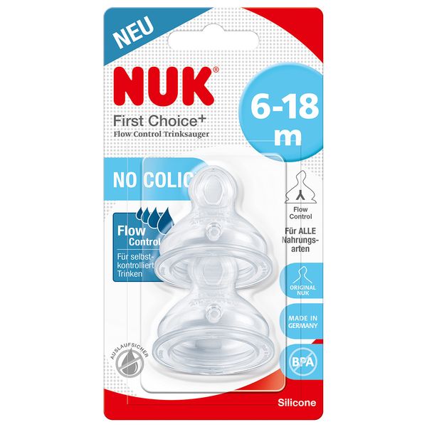 NUK First Choice+ Flow Control Baby Bottle Teats | 6-18 Months | Anti-Colic Valve | BPA | Pack of 2