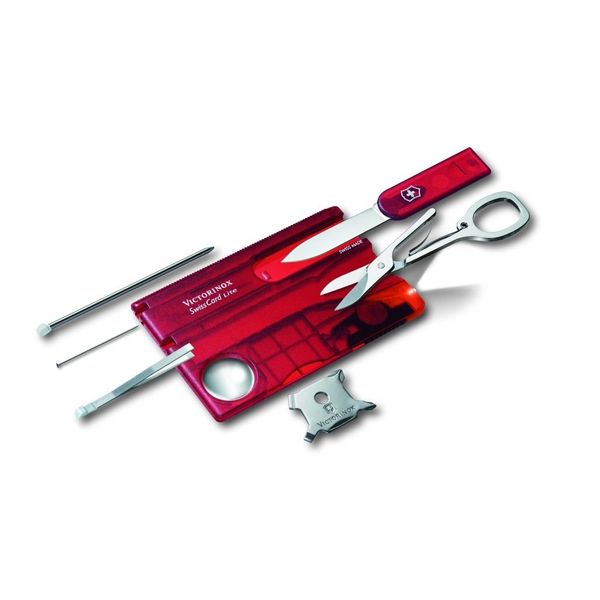 Victorinox Swiss Card Lite, Swiss Made Pocket Tool, 13 Functions, LED, Magnifier, Red Transparent