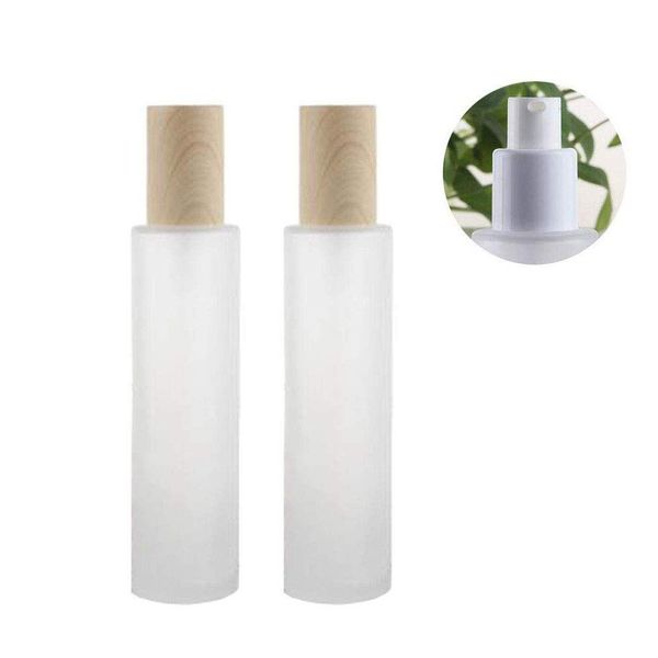 2PCS 120ml/4oz Empty Clear Frosted Glass Lotion Pump Bottle Jars with Wood Grain Cap Cosmetic Makeup Packing Storage Container Dispenser for Essential Oil Emulsion Essence Toiletries Toner Liquid