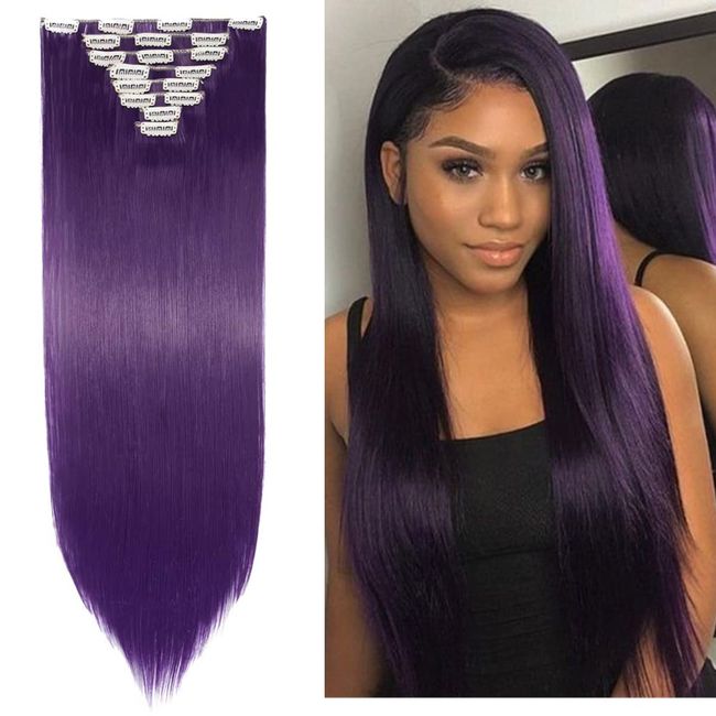 26" Straight Dark Purple Clip In Hair Extension 8pcs 18Clips Synthetic Heat Resistant Hairpieces Full Head Curly Straight For Women Girls(26" Straight,Dark Purple)