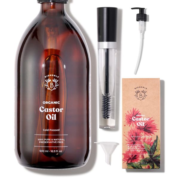 Bionoble Organic Castor Oil 500ml - 100% Pure, Natural and Cold Pressed - Lashes, Eyebrows, Body, Hair, Beard, Nails - Vegan and Cruelty Free - Glass Bottle + Pump + Mascara Kit