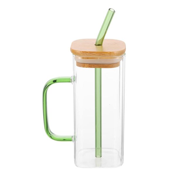 Generic Glass Drinking Cup 40 oz Square Glass Tumbler with Handle Clear Coffee Cups with Lids and Straws Portable Water Bottles Milk Jar Can hold various beverages. (Green), Onesize
