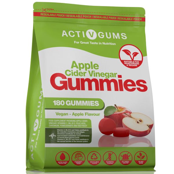 Apple Cider with Mother 180 Vegan Gummies. Resealable & Recyclable Pouch. Vitamin C, B6, Folic Acid, B12, Chromium, Pomegranate & Beetroot. Vegan Friendly. Suitable for ages 12+ by ActivGums®