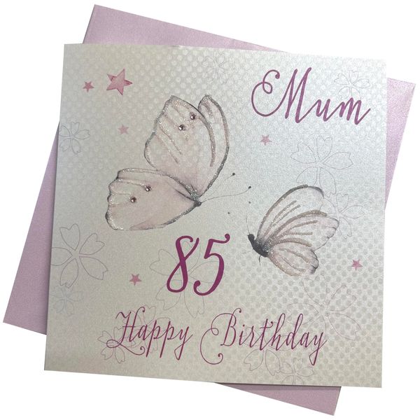 white cotton cards Handmade 85 Mum Have a Wonderful Vintage Butterflies 85th Birthday Card, White, PM85