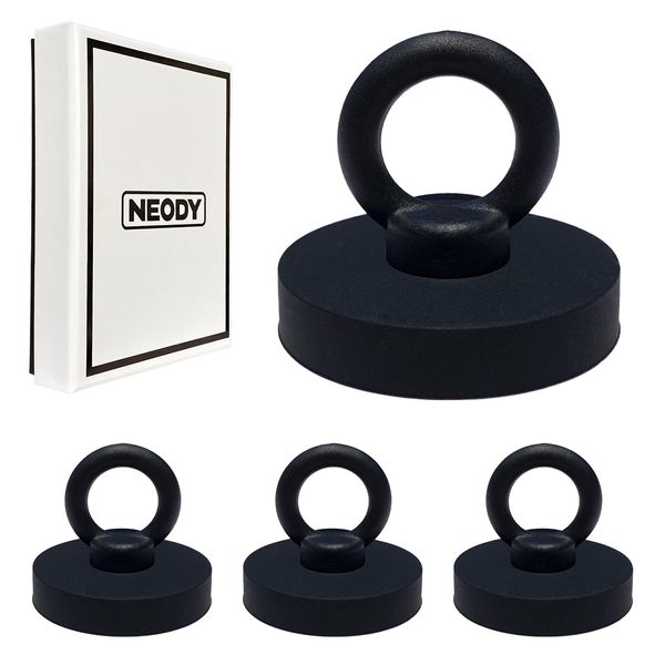 NEODY SE-0104-B Magnetic Hook, Strong Neodymium, Magnetic Hook, Realistic Load Capacity, 66.1 lbs (30 kg), Silicon EYE (1.7 x 1.7 x 1.5 inches (44 x 44 x 38 mm), Black, Set of 4