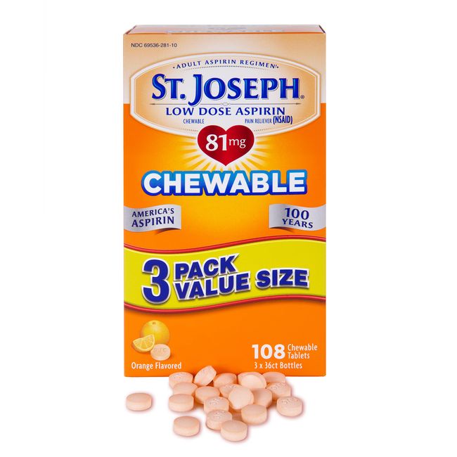 St. Joseph Aspirin Pain Reliever (NSAID) 81mg, Chewable Orange Tablets, Adult Low Dose Regimen, 108 ct (3 x 36 ct Tablets per Bottle)