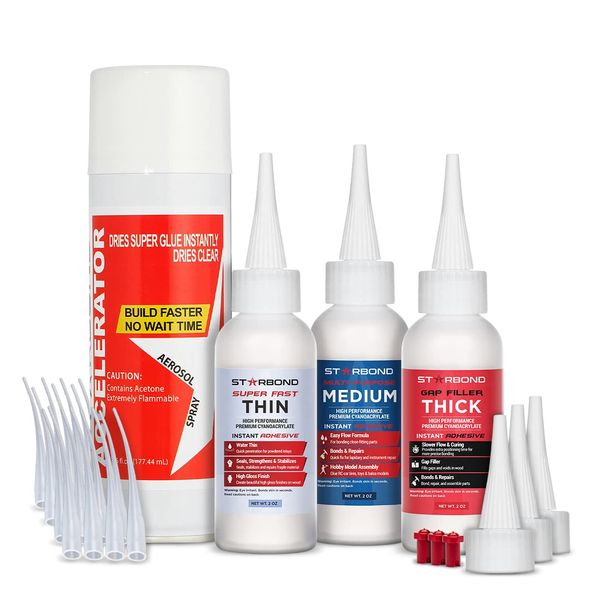 Starbond 2 oz. Thin, Medium, Thick CA Glue with 6 oz. Activator Bundle (Premium Cyanoacrylate Super Glue) for Quick Glue-ups. Woodworking, Woodturning, Hobby Models, 3D Printing