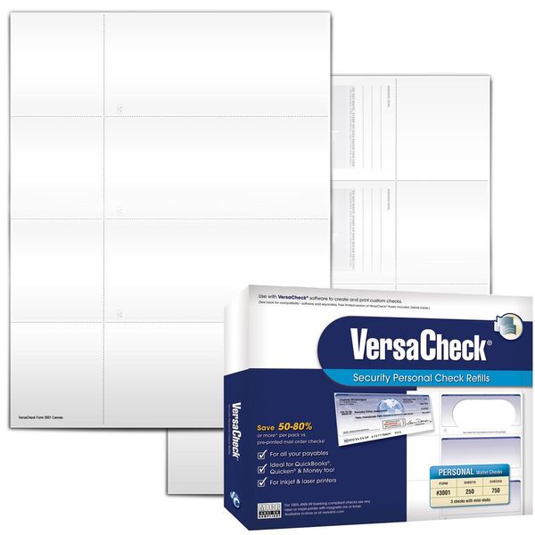 VersaCheck Secure Checks - 750 Blank Business or Personal Wallet Checks - White Canvas - 250 Sheets Form #3001-3 Per Sheet